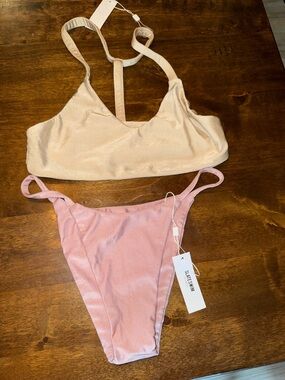 Two-Tone Bralette & High-Cut Bikini Bottom Set - Cream Bralette & Pink Bottom